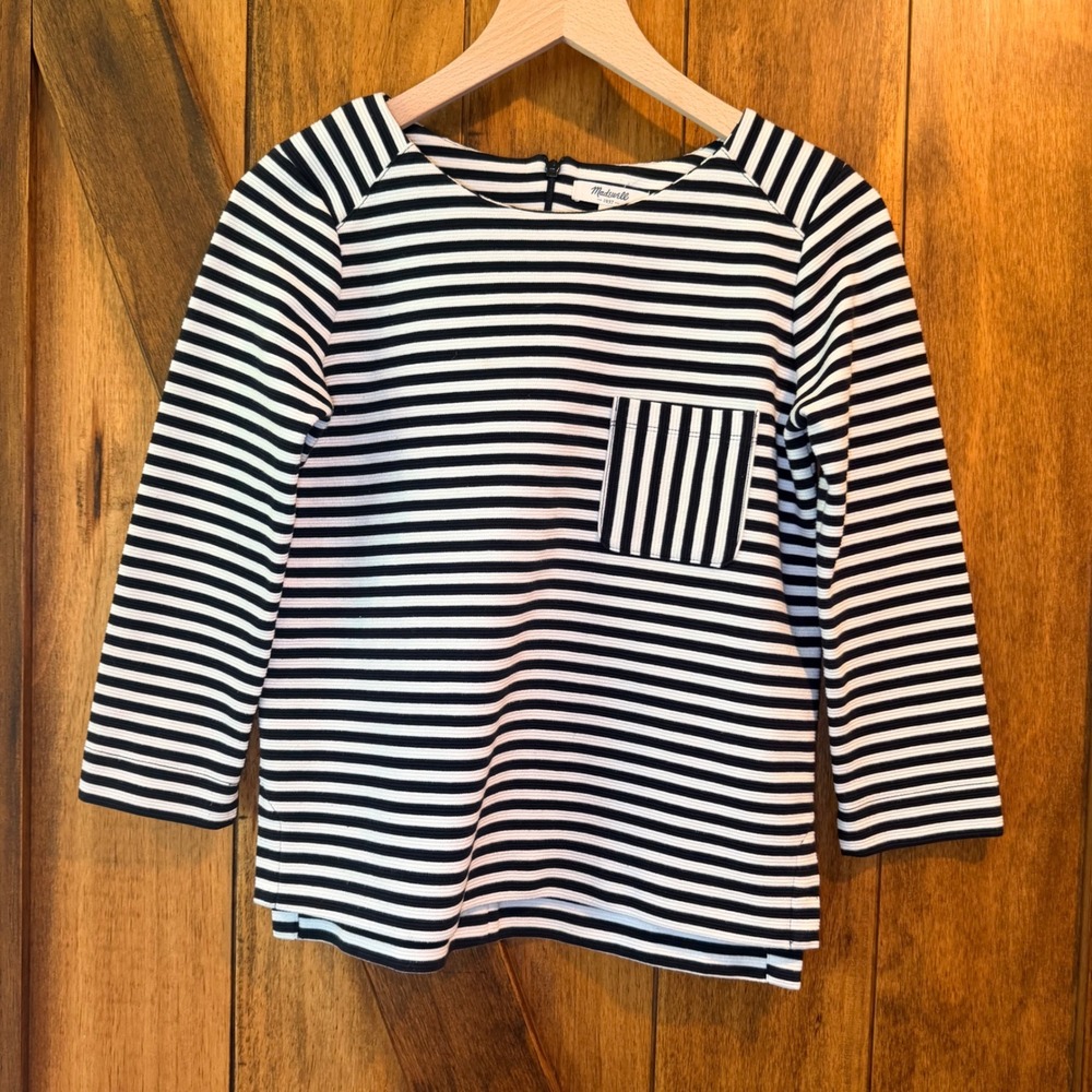 Madewell Striped Textured Knit Top Black White 3/4 Sleeve Pocket Back Zip Small